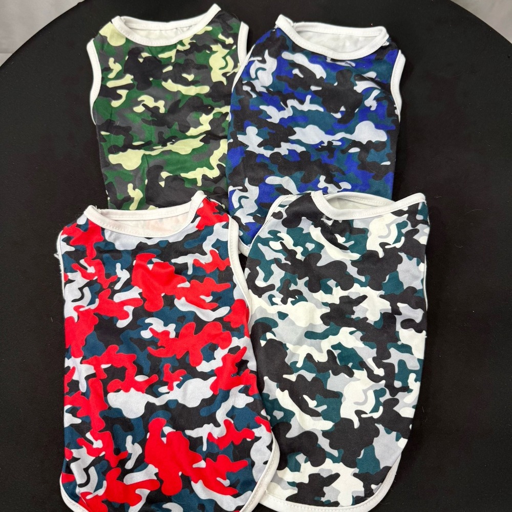 Lot of 4 Camouflage Dog/Cat Shirts Small Sleeveless Tops Red Blue Green Grey